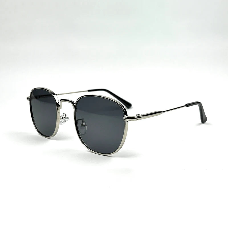 Men Round Sunglasses Silver Frame with Black UV400 Lenses
