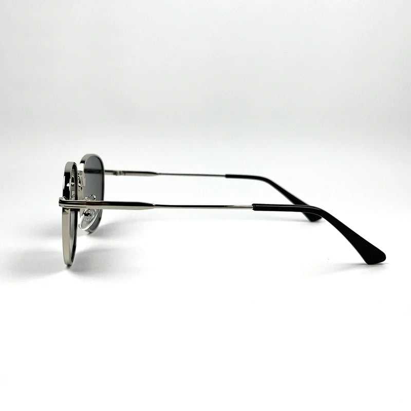 Men Round Sunglasses Silver Frame with Black UV400 Lenses