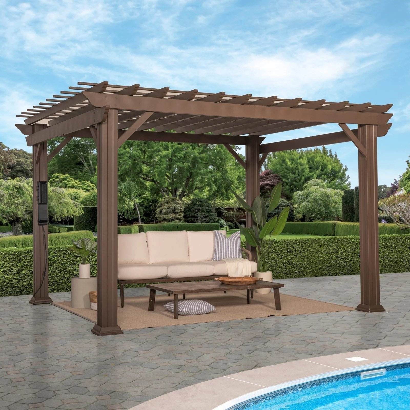 12x10SteelPergolaHeroBrown-scaled-1.jpg 12 x 10 Ashford Traditional Steel Pergola With Sail Shade Soft Canopy - Image 1