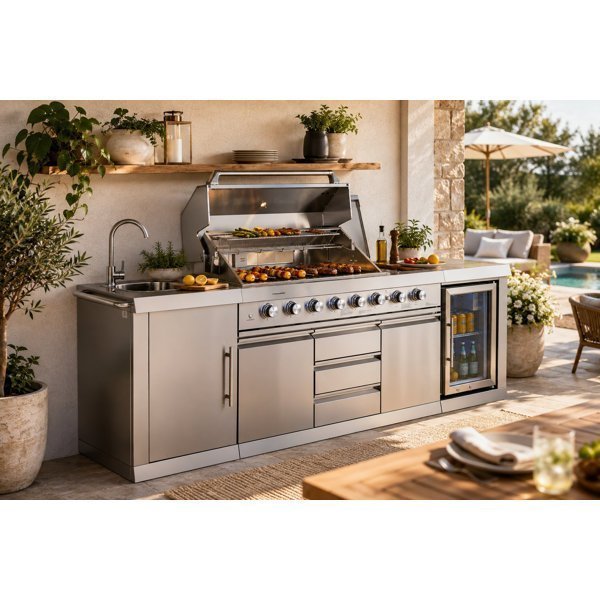 6-BurnerPropaneGasGrillIslandwithRotisserieandOutdoorRatedRefrigeratorandSinkinStainlessSteel.jpg Big Horn 6-Burner Propane Gas Grill Island with Outdoor Rated Refrigerator - Image 1