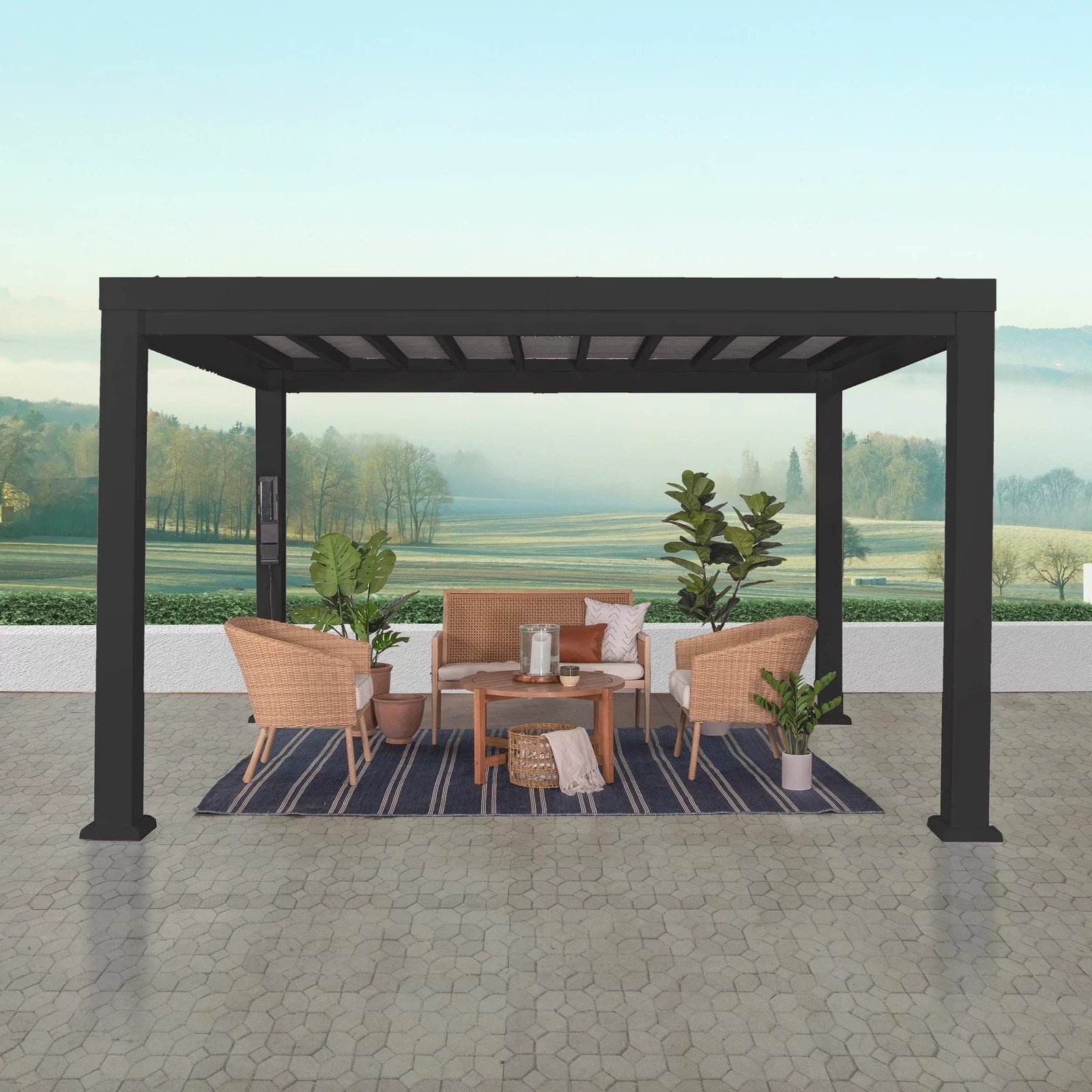 ModernPergolaSmallFrontBlack-1.jpg 12×10 Trenton Modern Steel Pergola With Sail Shade Soft Canopy - Image 1
